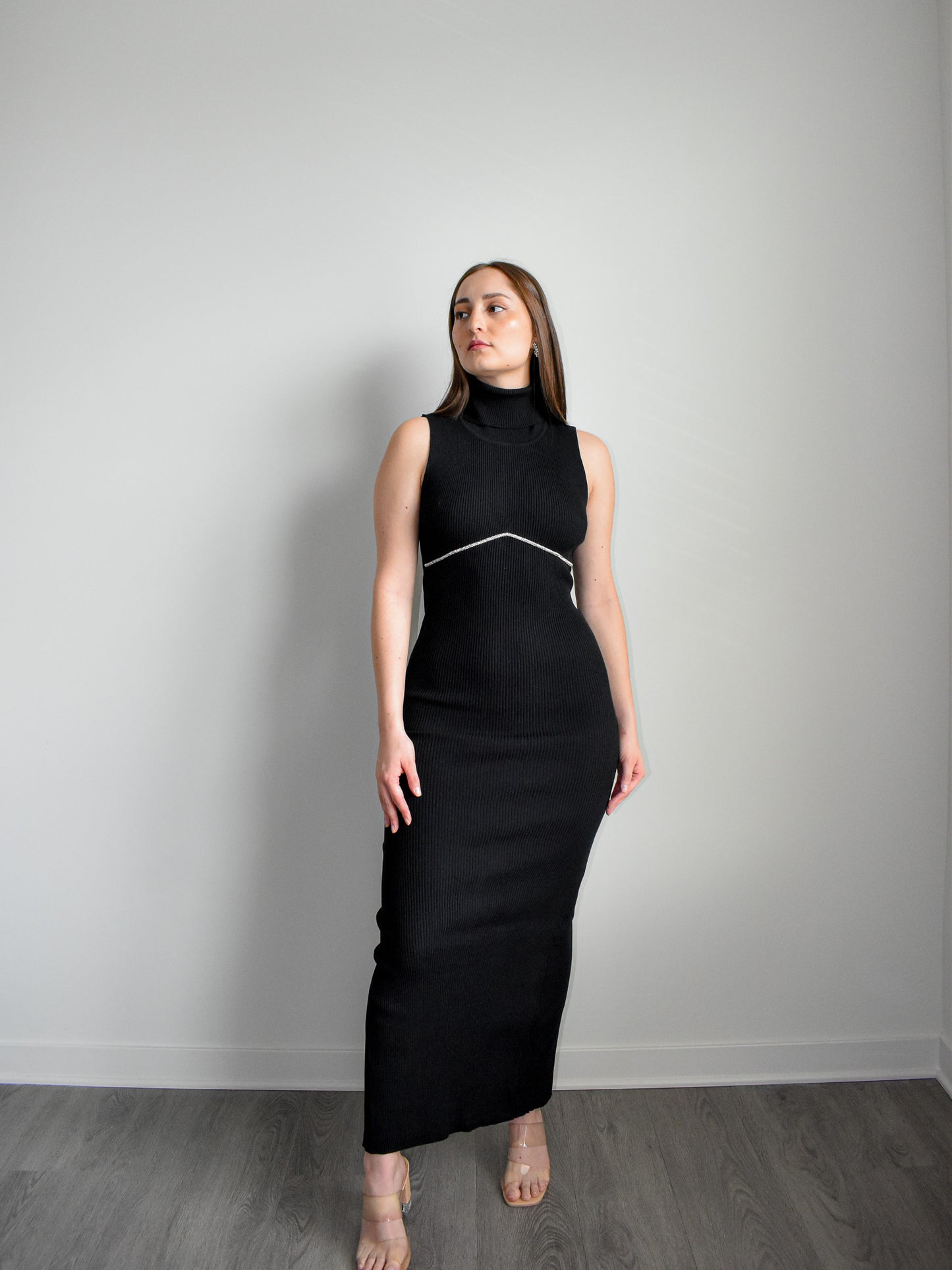 Onyx Elegance Jewel-Trimmed Maxi Dress