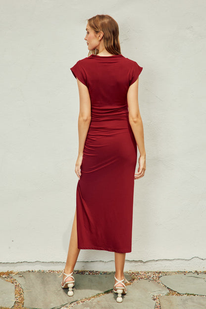 Velvet Embrace Ruched Midi Dress in Burgundy with Mock Neck, Side Slit, and Ruched Detail