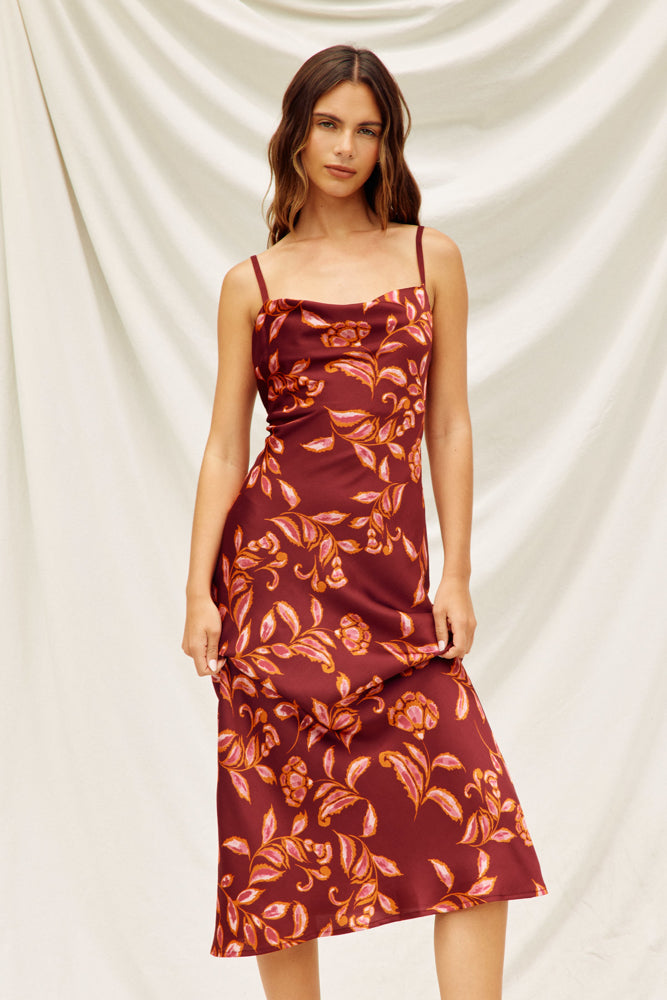 Sangria floral cowl neck X-back midi dress with criss-cross open back and adjustable straps.