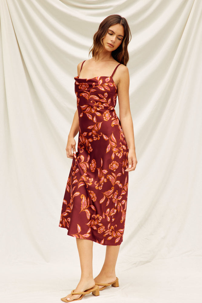 Sangria floral cowl neck X-back midi dress with criss-cross open back and adjustable straps.