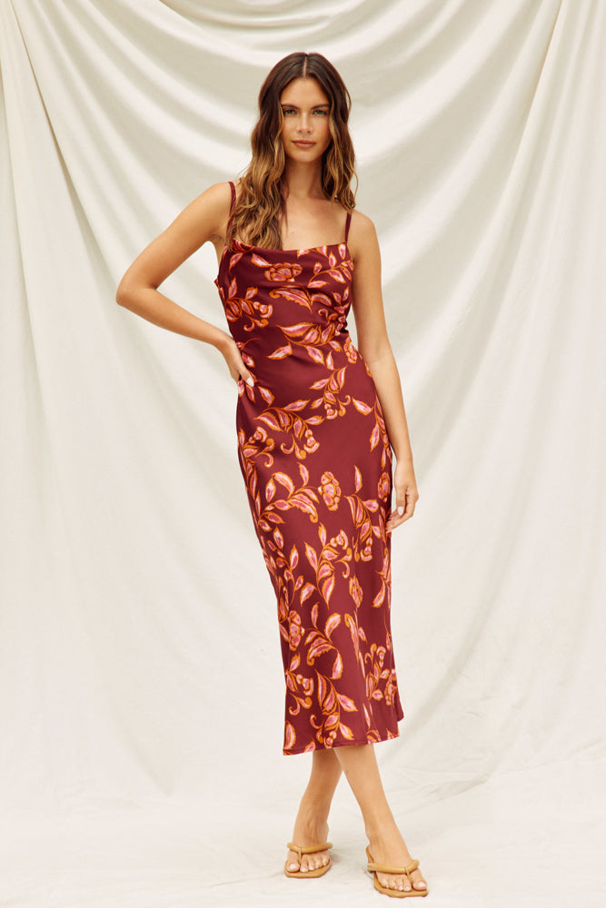 Sangria floral cowl neck X-back midi dress with criss-cross open back and adjustable straps.