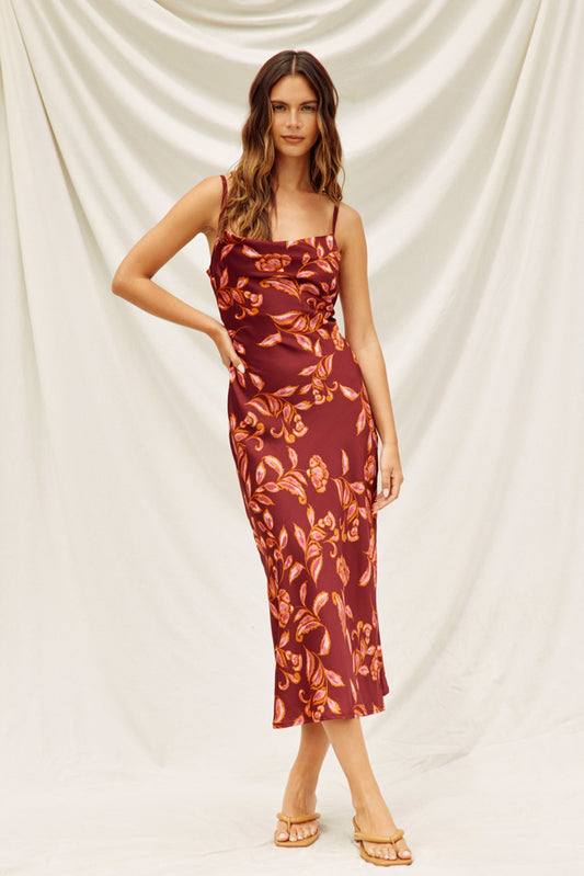 Sangria floral cowl neck X-back midi dress with criss-cross open back and adjustable straps.