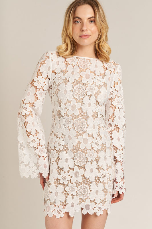 Ivory Blossom Bell Sleeve Lace Mini Dress