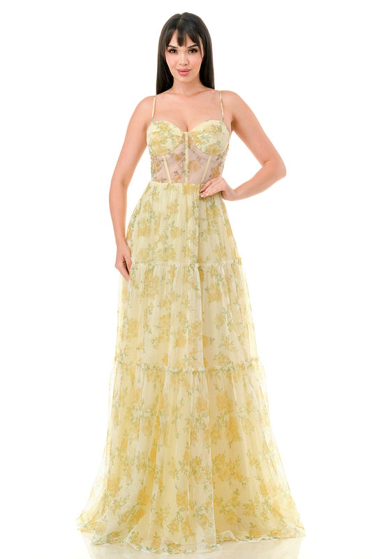 Golden Bloom Corset Maxi Dress