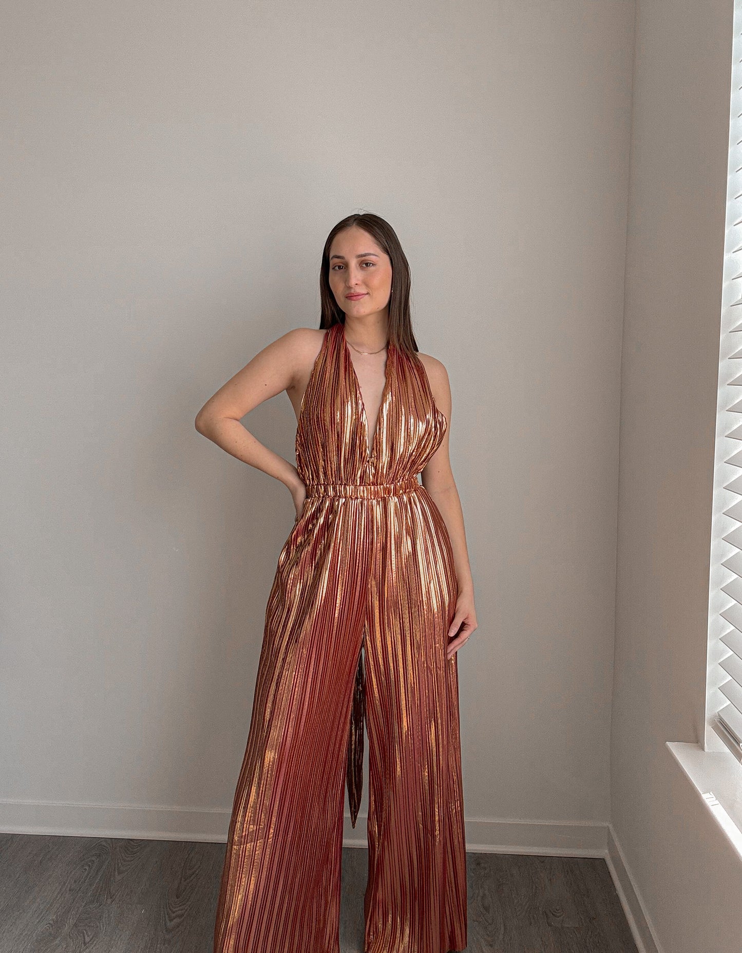 Bronze Allure Metallic Pleated Jumpsuit