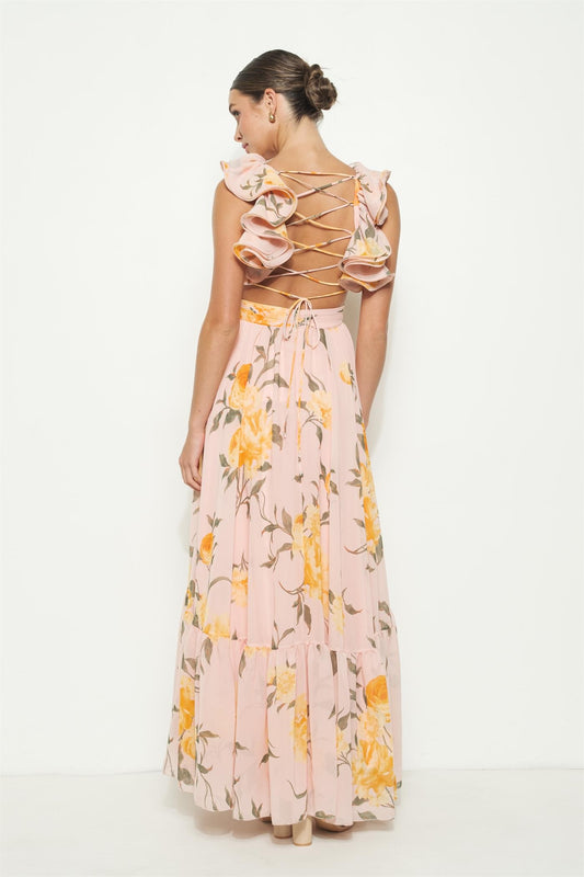 Blush Rose Ruffle Chiffon Maxi Dress