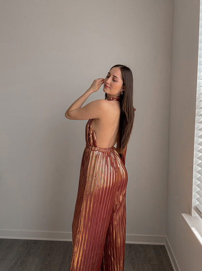 Bronze Allure Metallic Pleated Jumpsuit