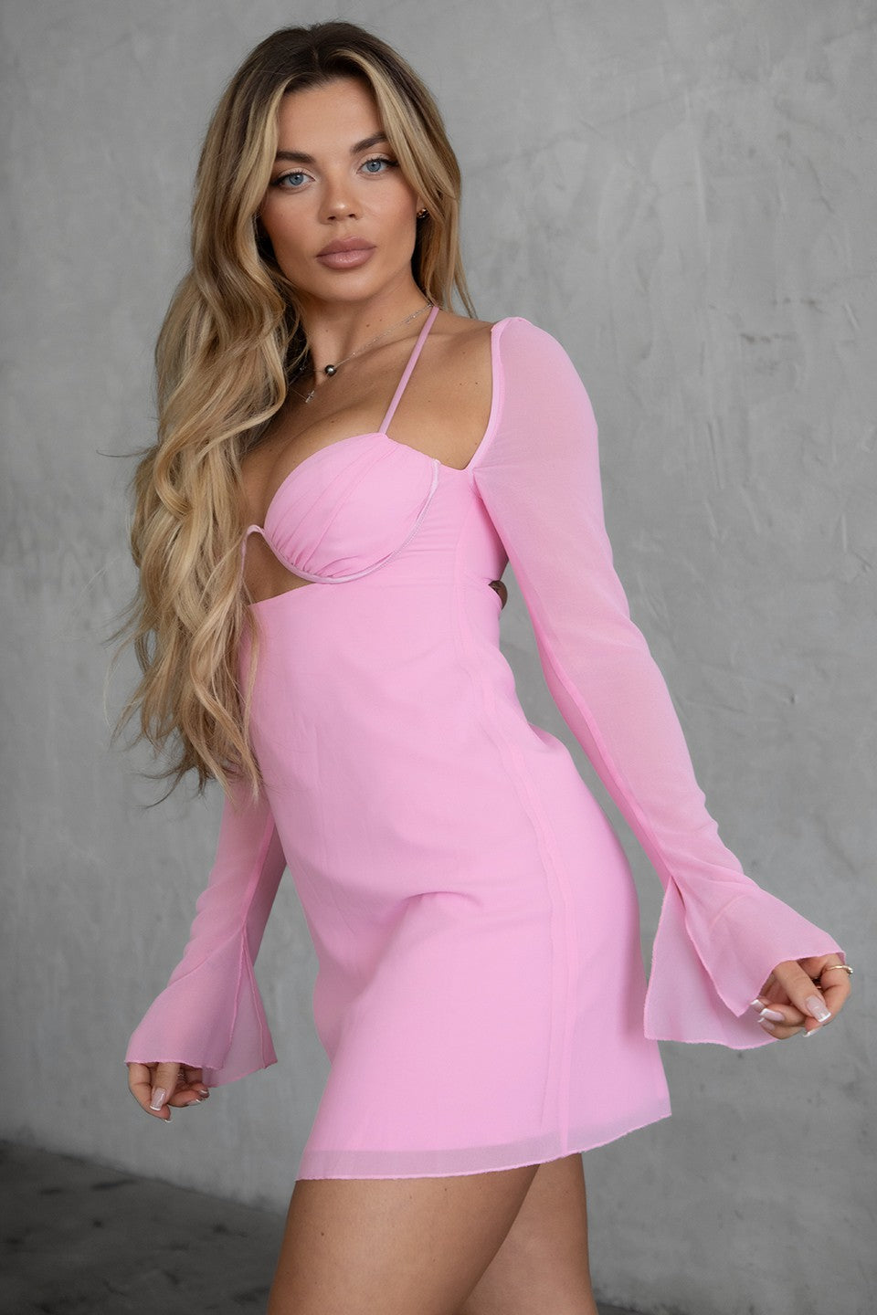 Pink Chiffon Longsleeve Mini Dress
