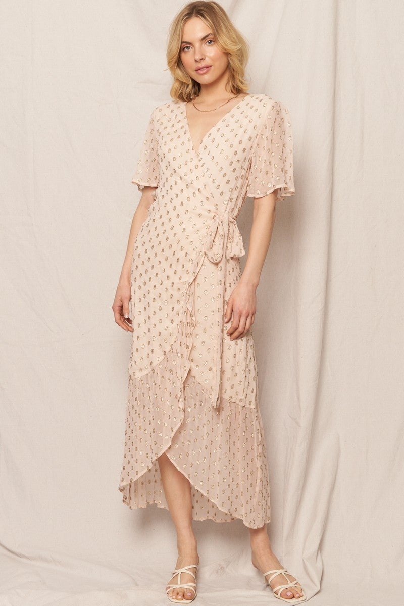 Cream Lurex Polka Dot Wrap Dress