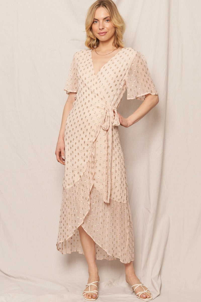 Cream Lurex Polka Dot Wrap Dress