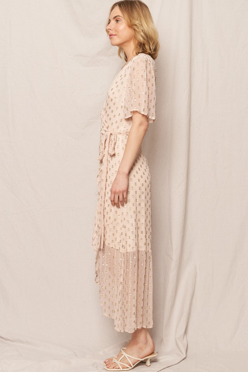 Cream Lurex Polka Dot Wrap Dress