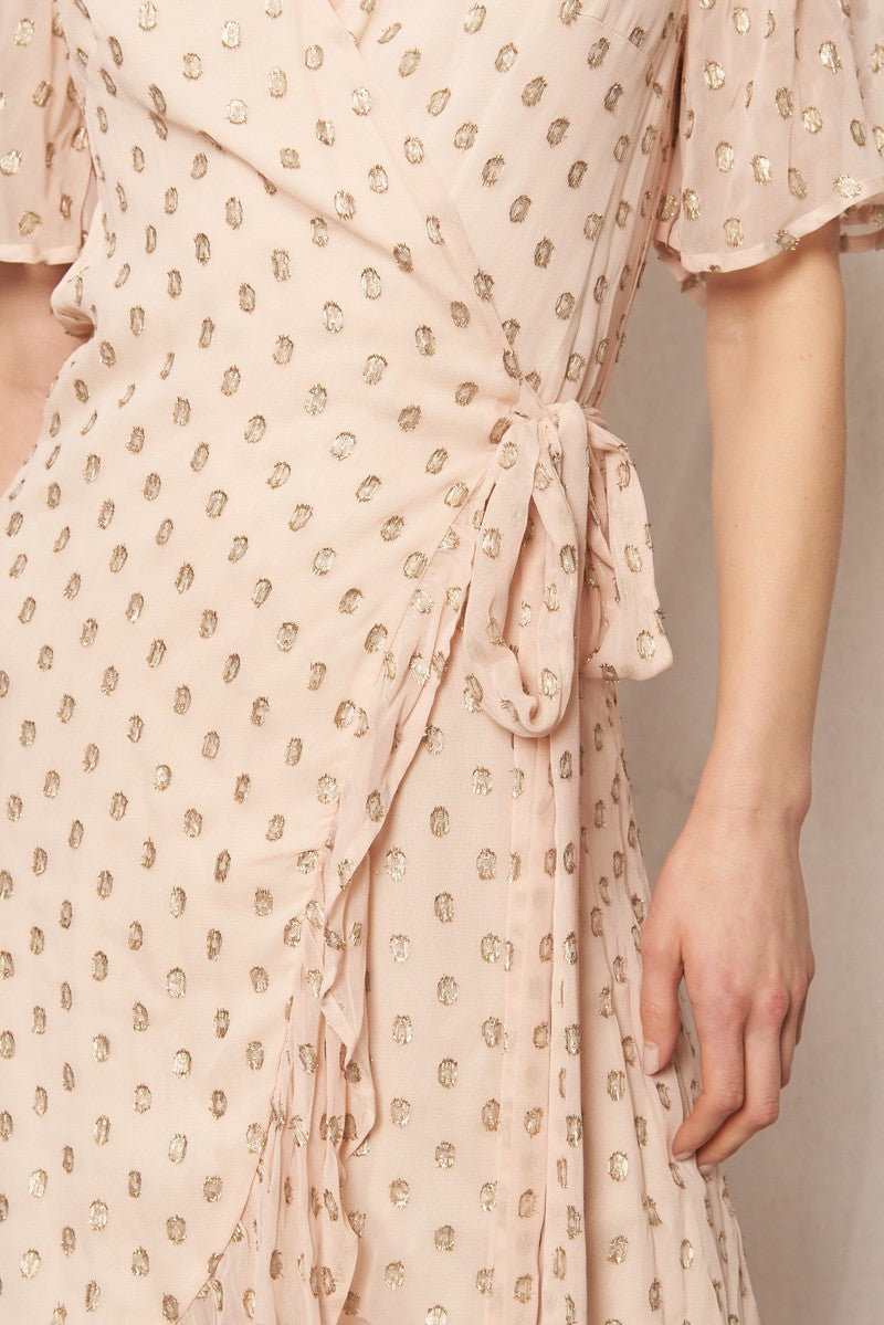 Cream Lurex Polka Dot Wrap Dress