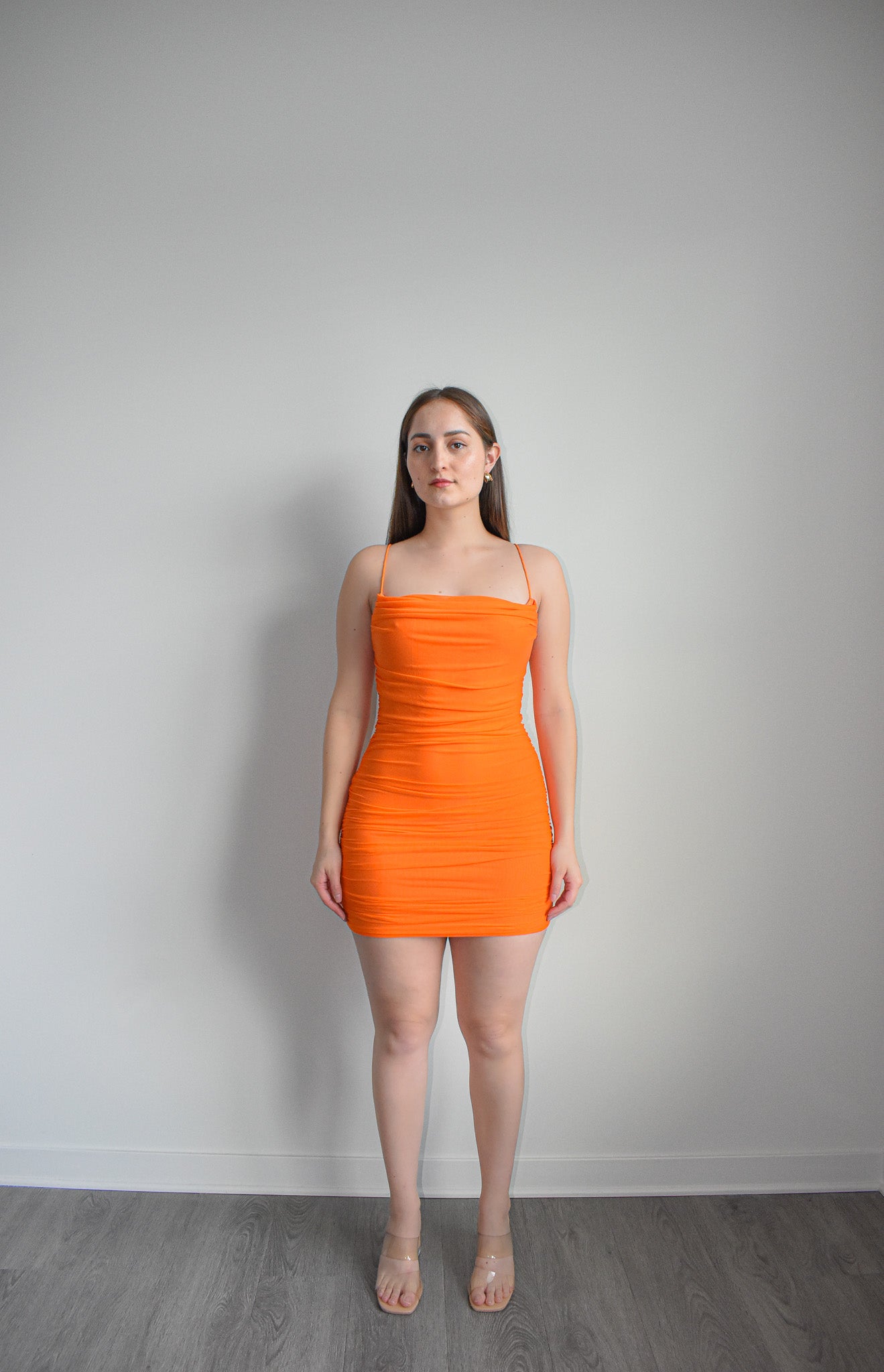 Sultry Ruched Citrus Glam Mini Dress