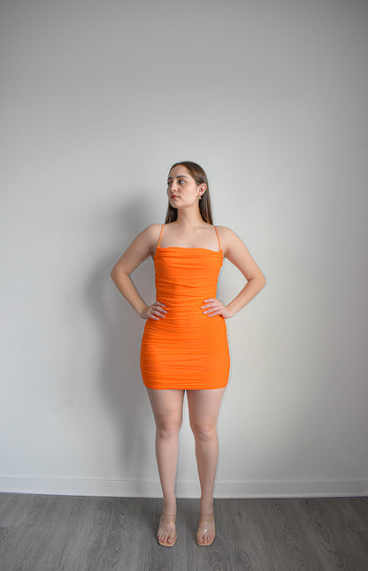 Sultry Ruched Citrus Glam Mini Dress