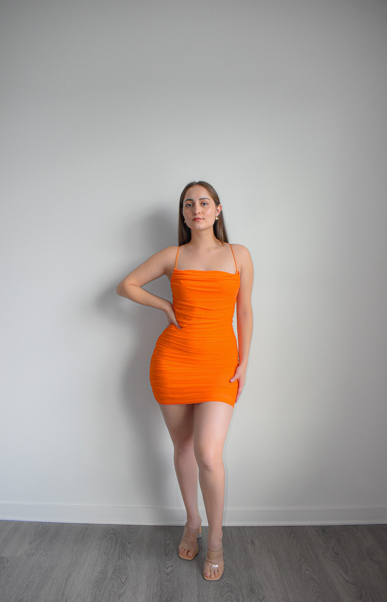 Sultry Ruched Citrus Glam Mini Dress