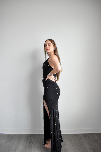 Black Beaded Open Back Slip Maxi Dress