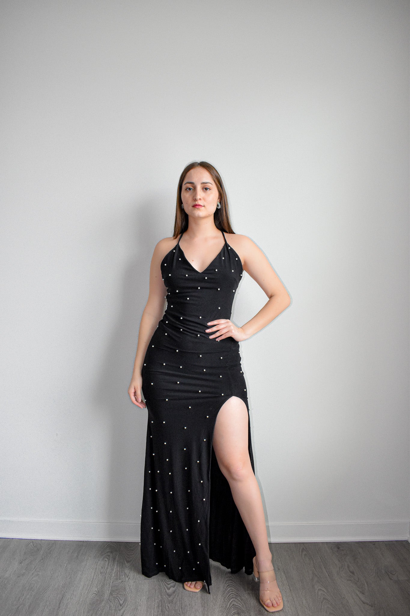 Black Beaded Open Back Slip Maxi Dress