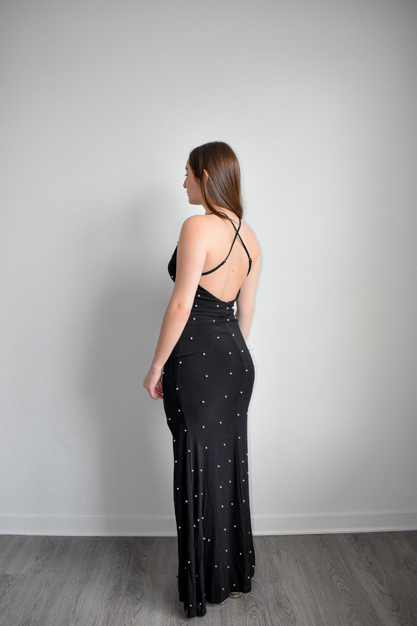 Black Beaded Open Back Slip Maxi Dress Blue Crystal Boutique M Black