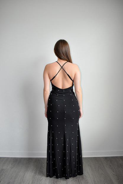 Black Beaded Open Back Slip Maxi Dress