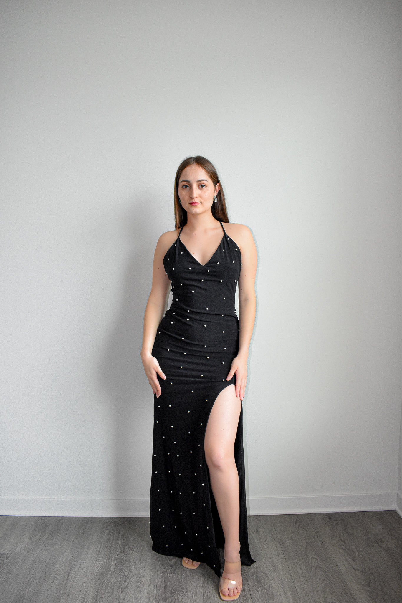 Black Beaded Open Back Slip Maxi Dress