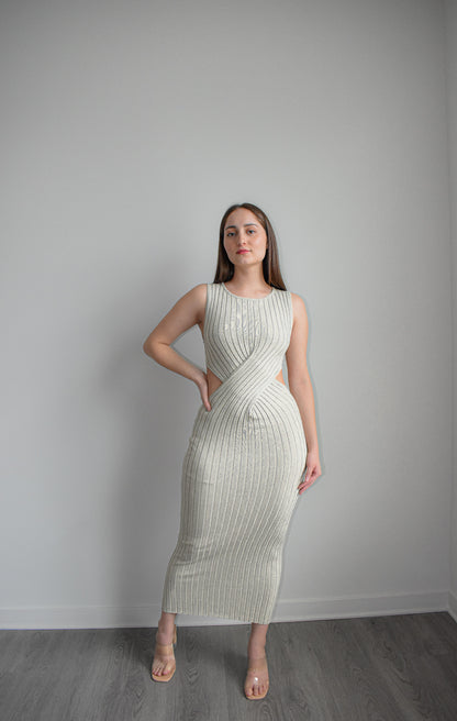 Khaki Cut-Out Ribbed Knit Maxi Dress