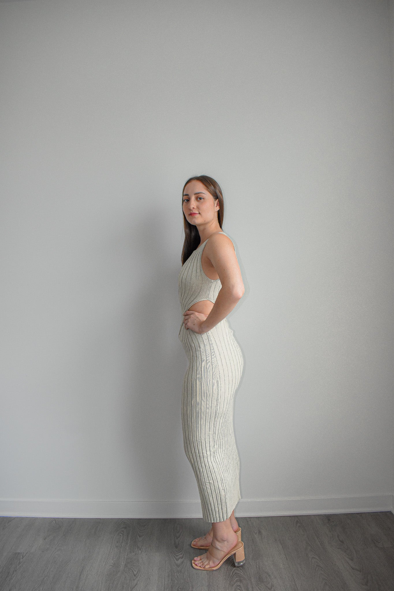 Khaki Cut-Out Ribbed Knit Maxi Dress