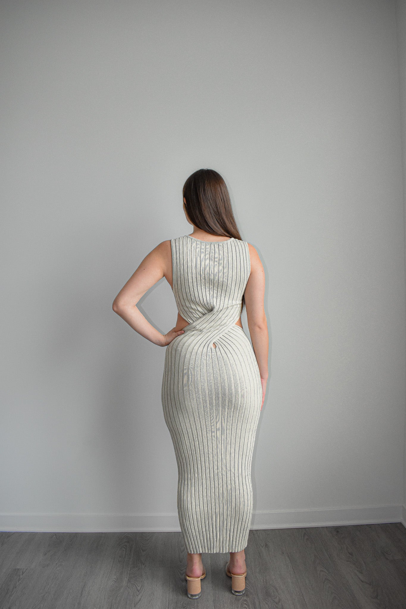 Khaki Cut-Out Ribbed Knit Maxi Dress