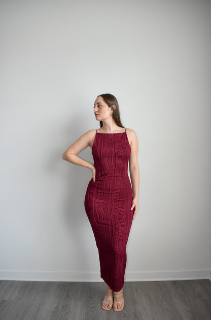 Wine Square Neck Bodycon Midi Dress