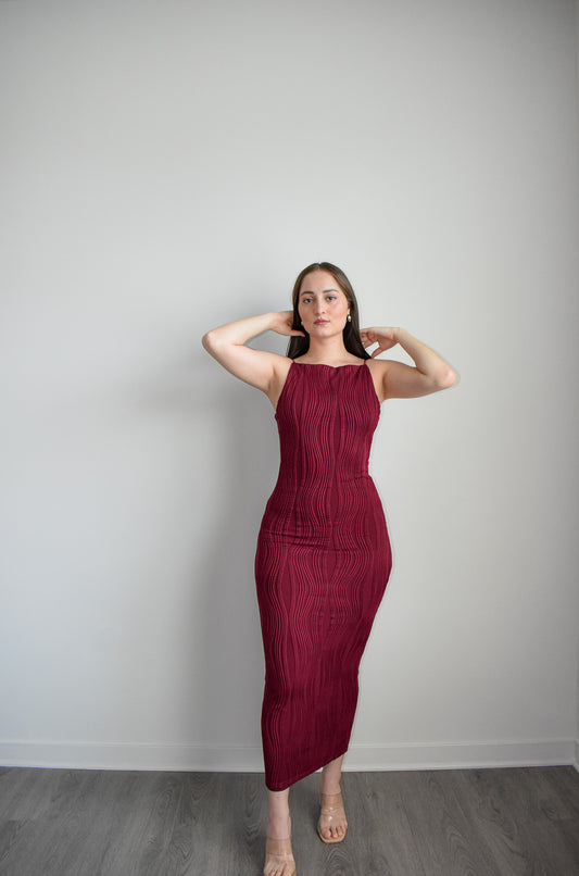 Wine Square Neck Bodycon Midi Dress