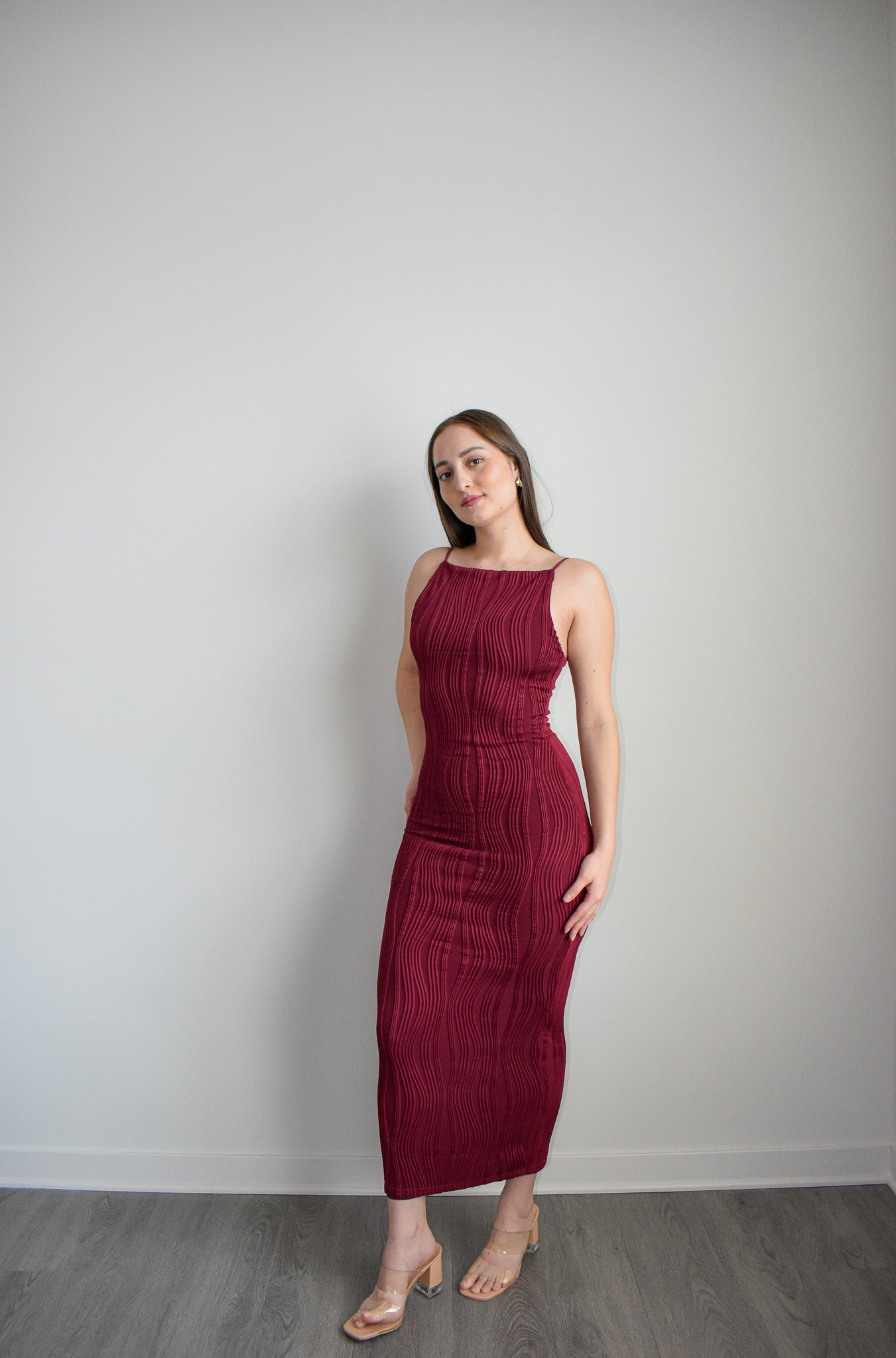 Wine Square Neck Bodycon Midi Dress