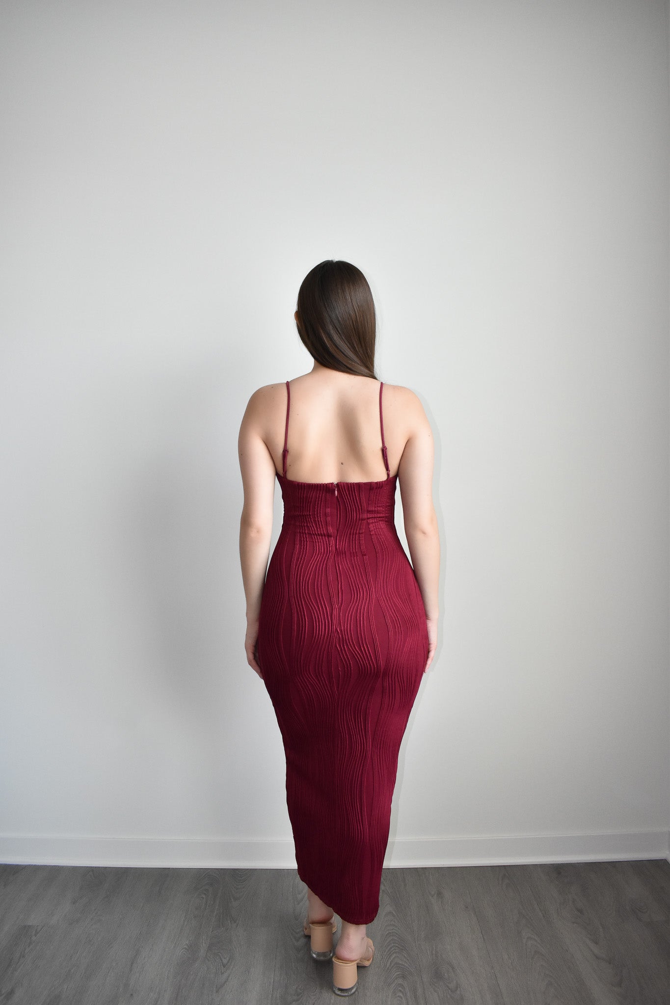 Wine Square Neck Bodycon Midi Dress