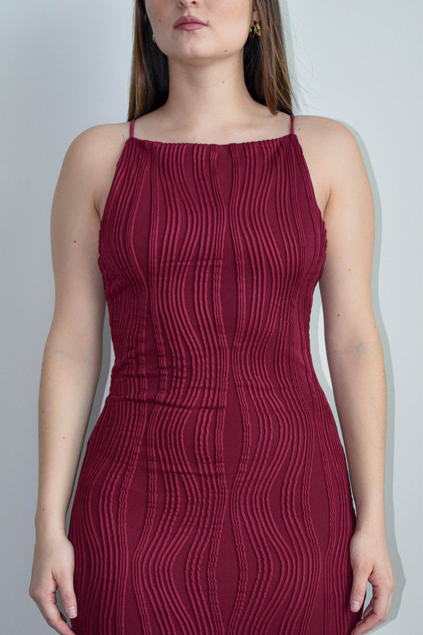 Wine Square Neck Bodycon Midi Dress