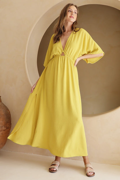 Golden Aura Crepe Kimono Maxi Dress