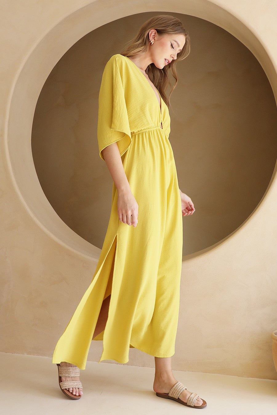 Golden Aura Crepe Kimono Maxi Dress