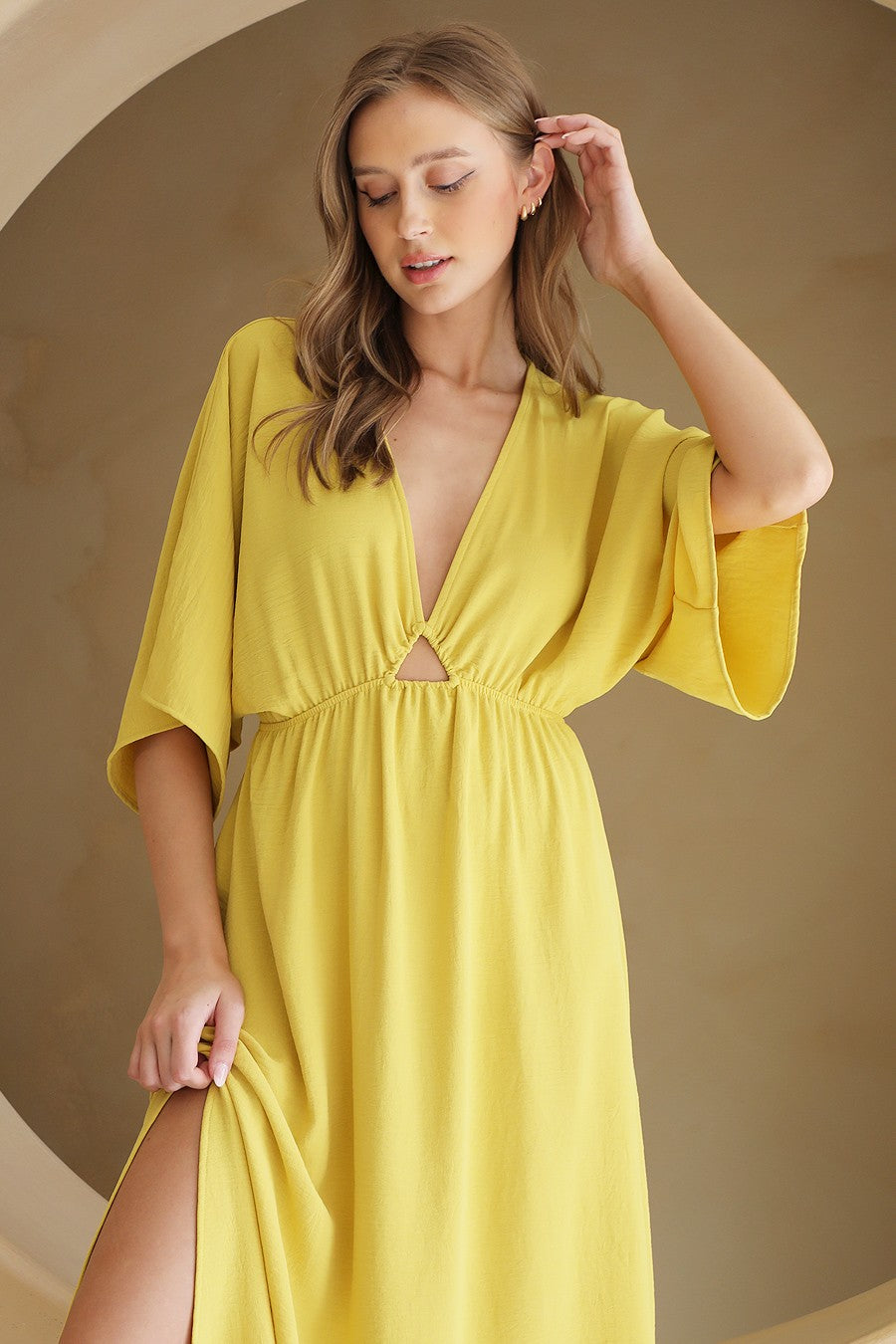 Golden Aura Crepe Kimono Maxi Dress