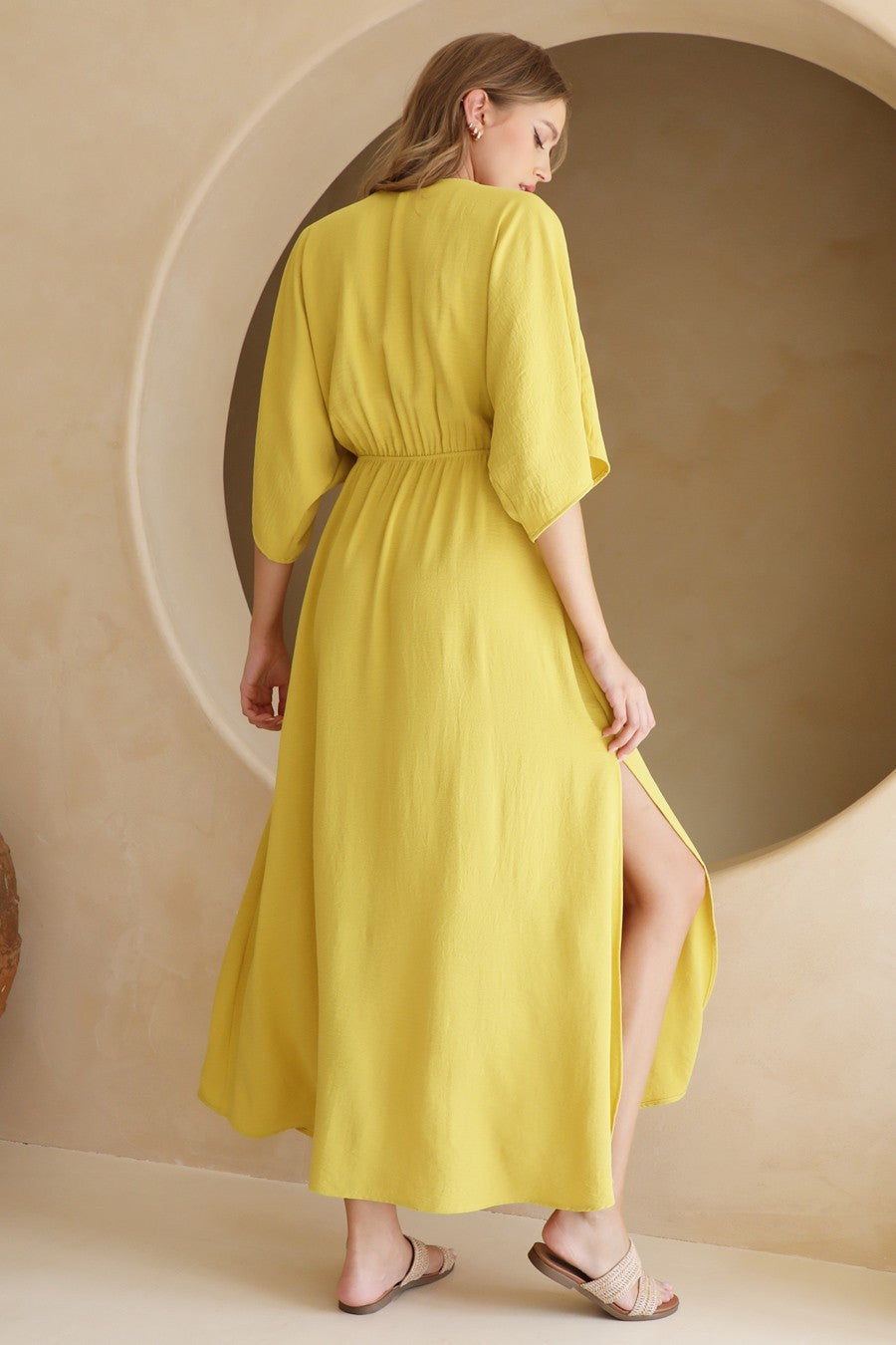 Golden Aura Crepe Kimono Maxi Dress