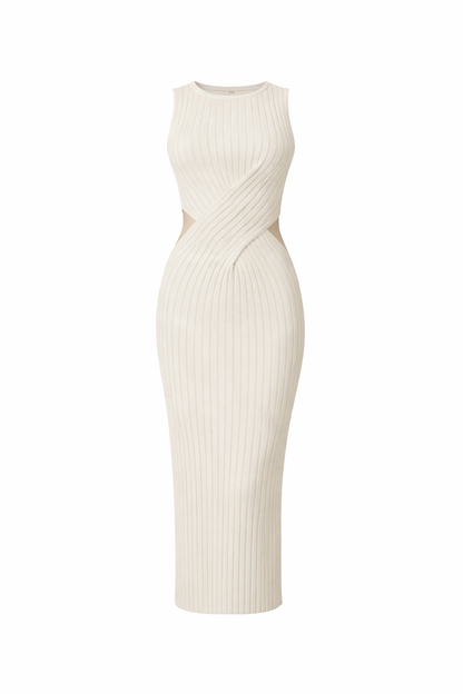 Khaki Cut-Out Ribbed Knit Maxi Dress