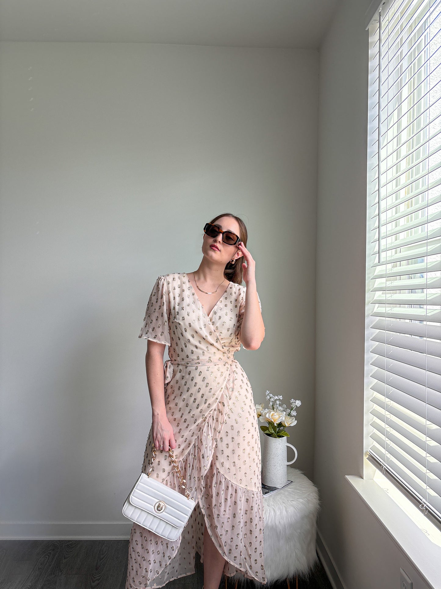 Cream Lurex Polka Dot Wrap Dress