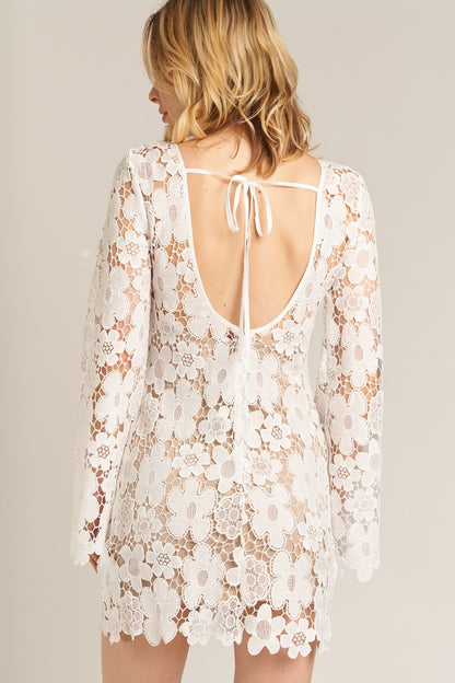 Ivory Blossom Bell Sleeve Lace Mini Dress