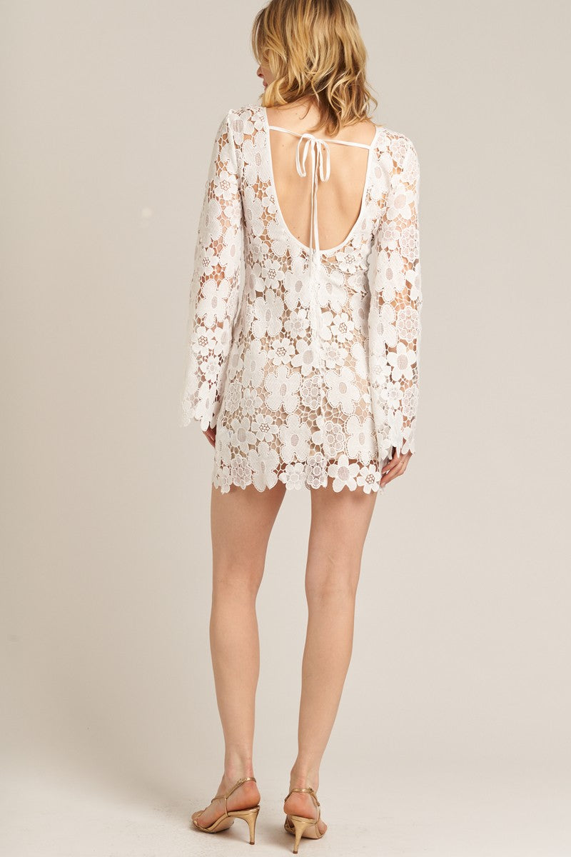 Ivory Blossom Bell Sleeve Lace Mini Dress