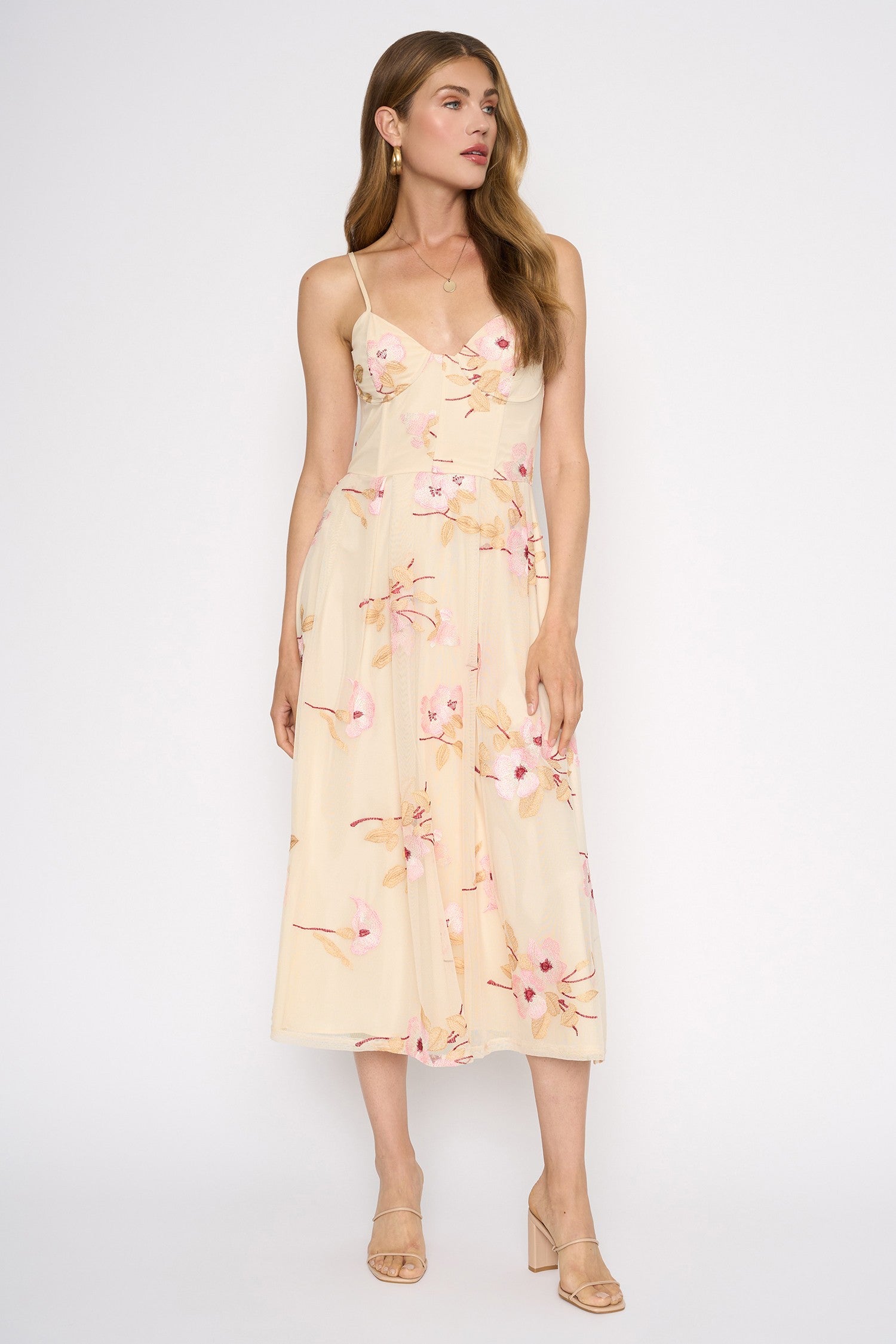 Ivory Peony Embroidered Mesh Midi Dress