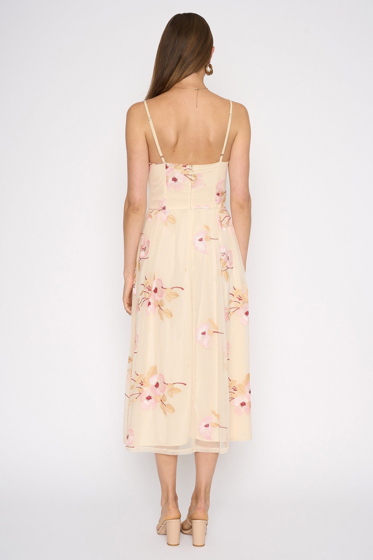 Ivory Peony Embroidered Mesh Midi Dress