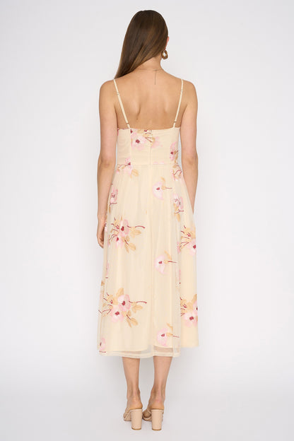 Ivory Peony Embroidered Mesh Midi Dress