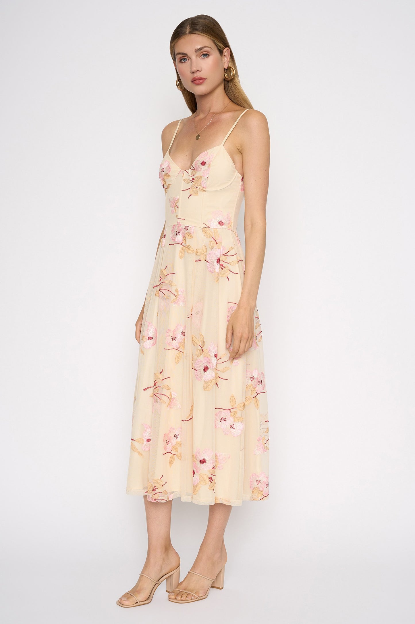 Ivory Peony Embroidered Mesh Midi Dress