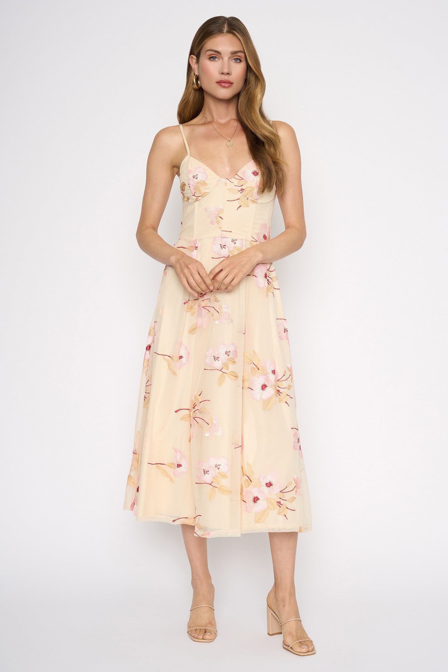 Ivory Peony Embroidered Mesh Midi Dress