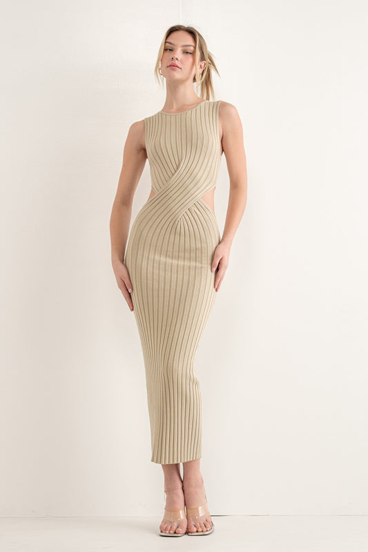 Khaki Cut-Out Ribbed Knit Maxi Dress