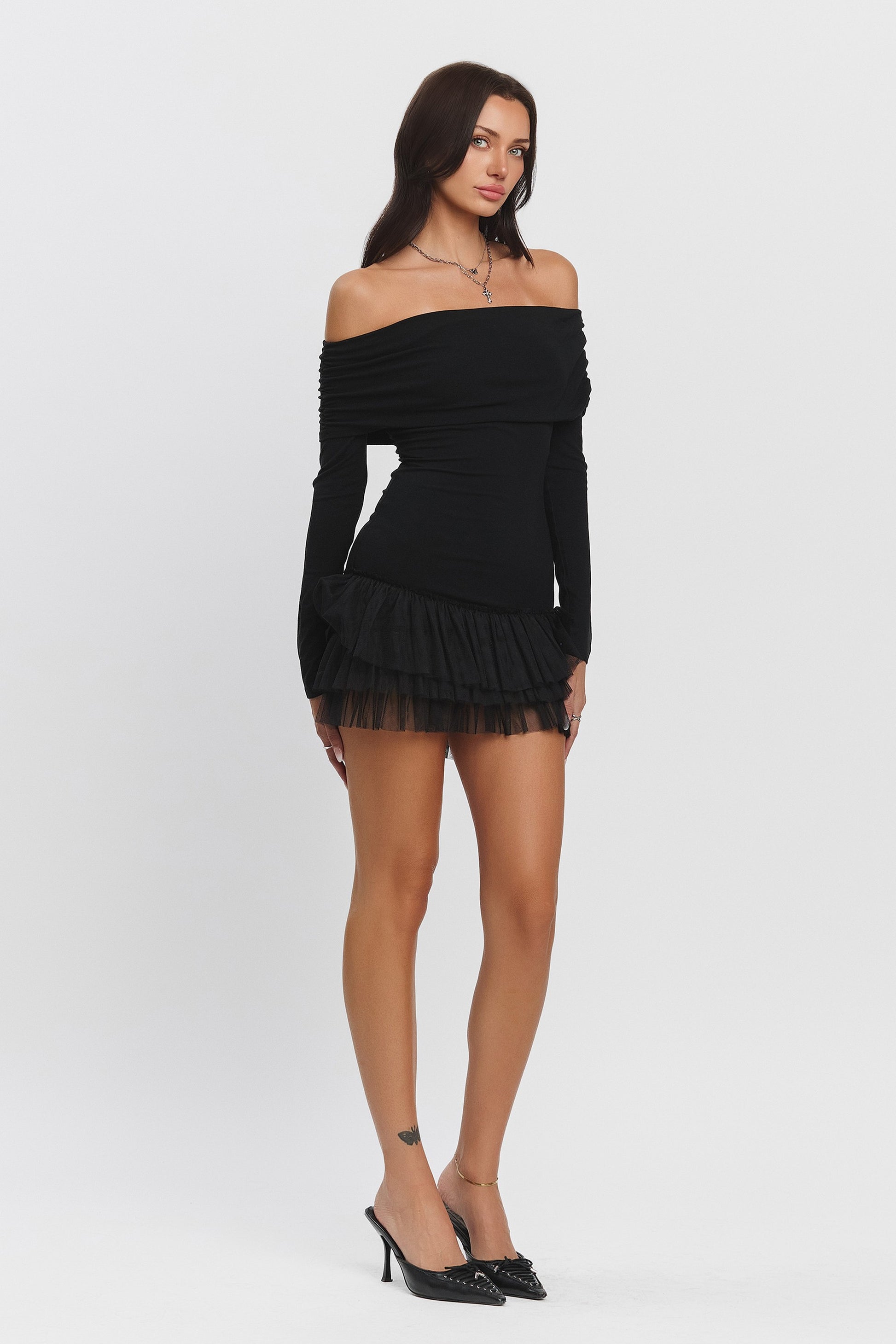 Onyx Star Off-Shoulder Mesh Dress