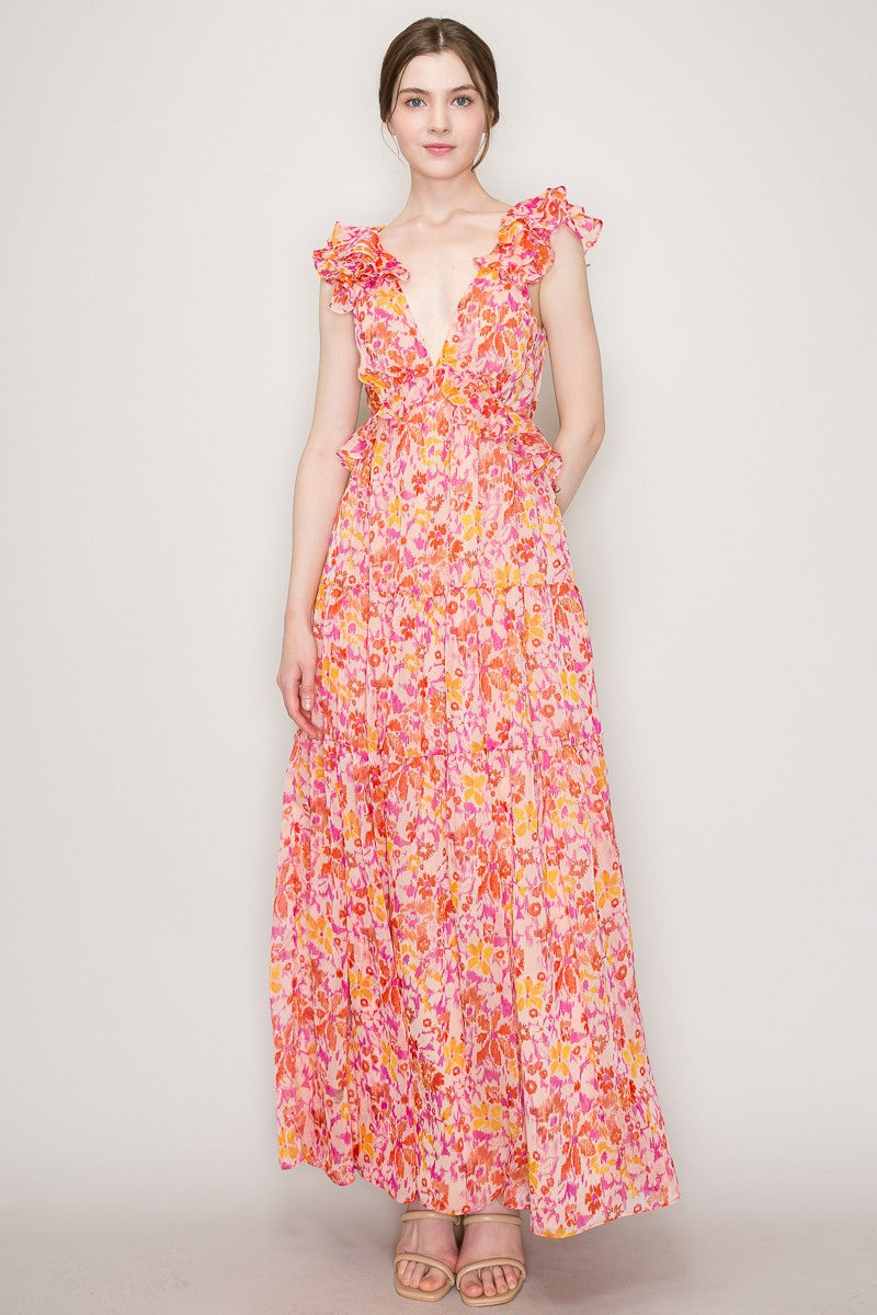 Pink Blossom Flutter Sleeve Maxi Dress