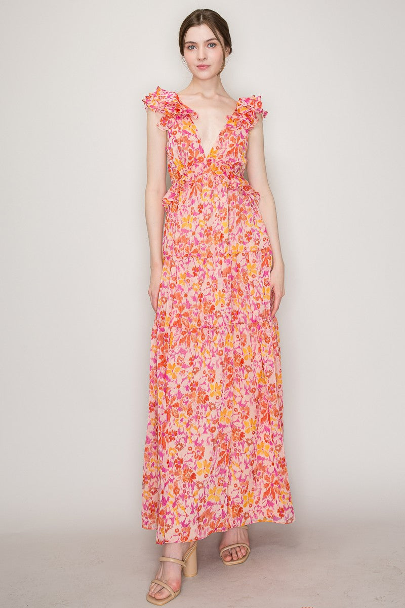 Pink Blossom Flutter Sleeve Maxi Dress