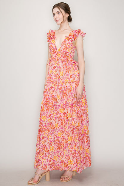 Pink Blossom Flutter Sleeve Maxi Dress